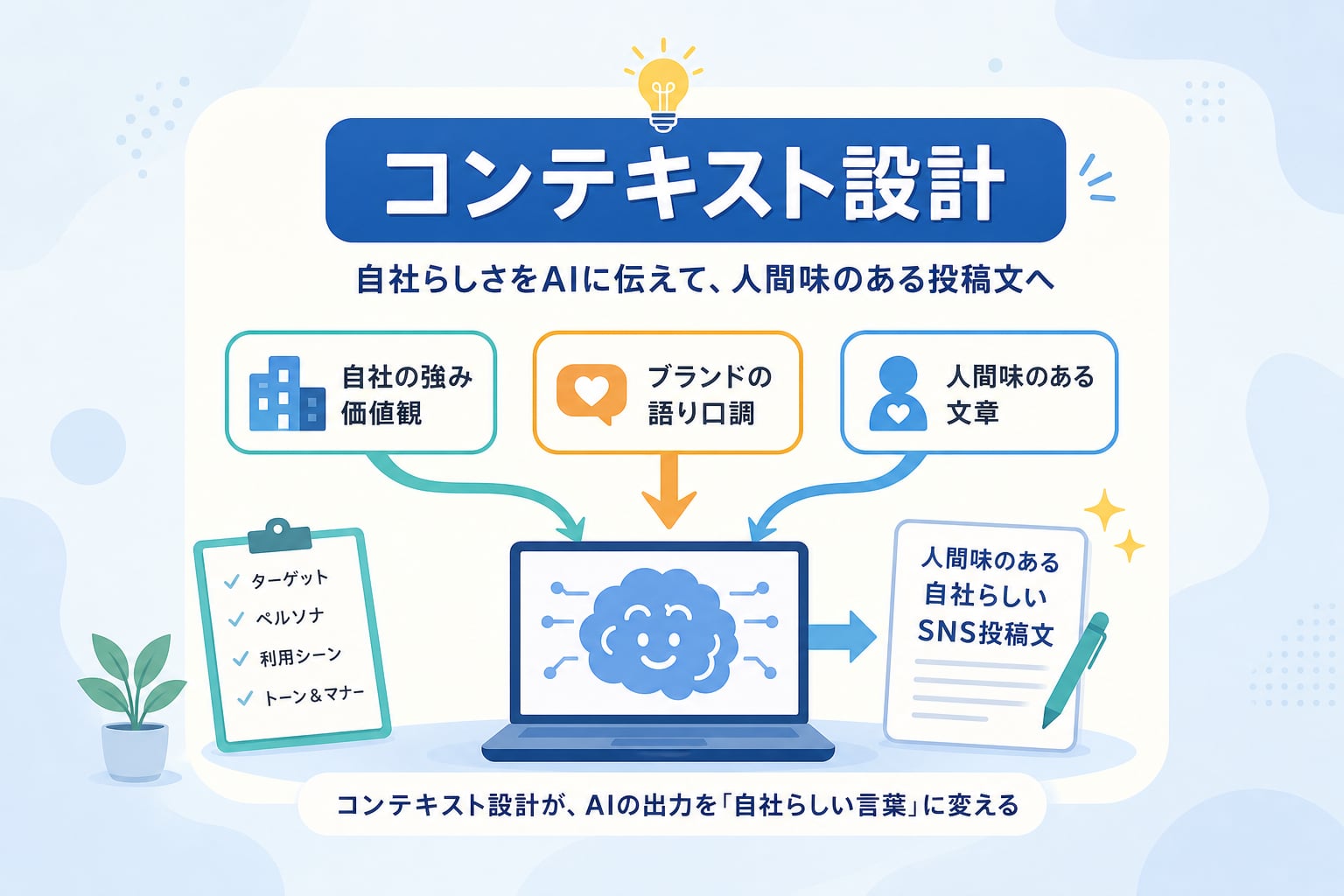 AIで機械的な文章を避け、自社らしいSNS投稿文を作成するコツは？
