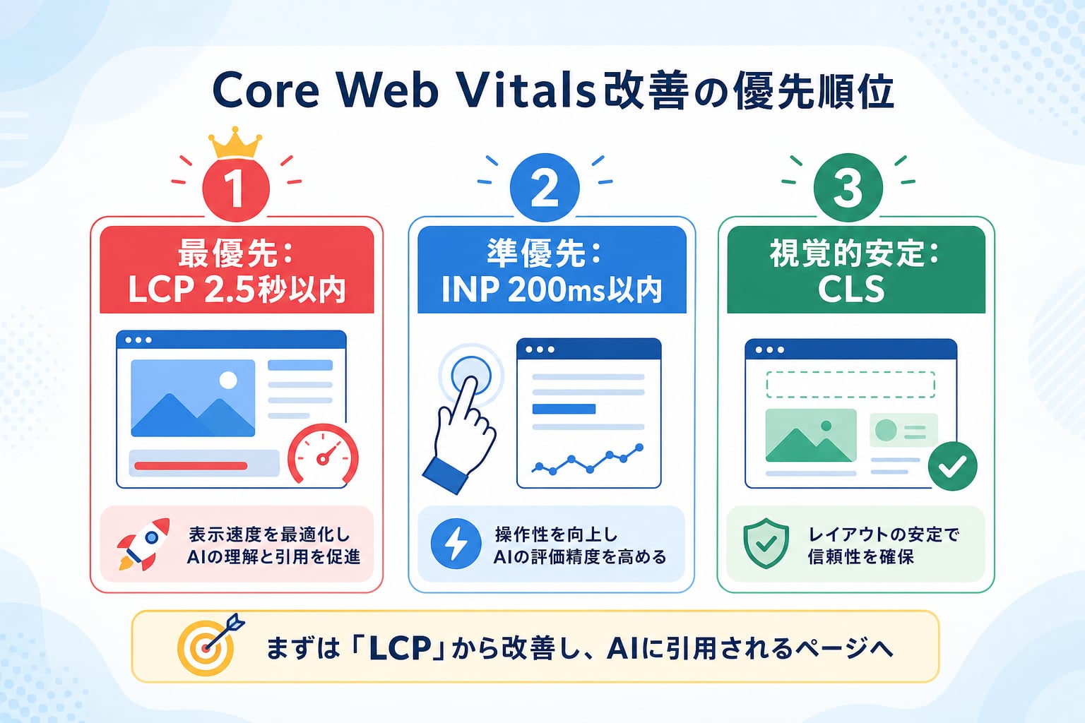 AIに引用されるためにCore Web Vitalsのどの指標を最優先で改善すべきか？