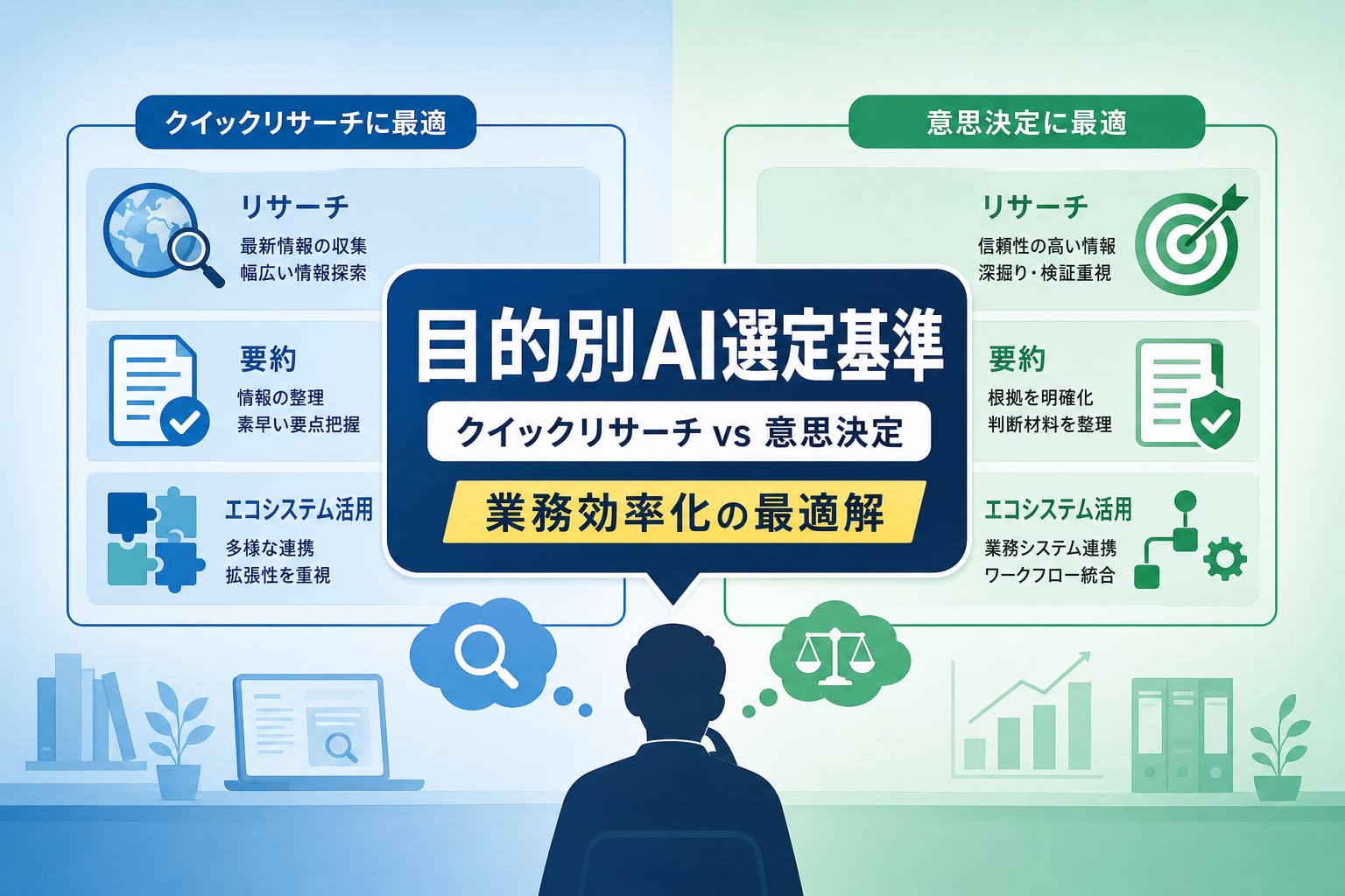 ビジネスの目的や情報の信頼性に応じてAIツールを使い分ける基準とは何か？