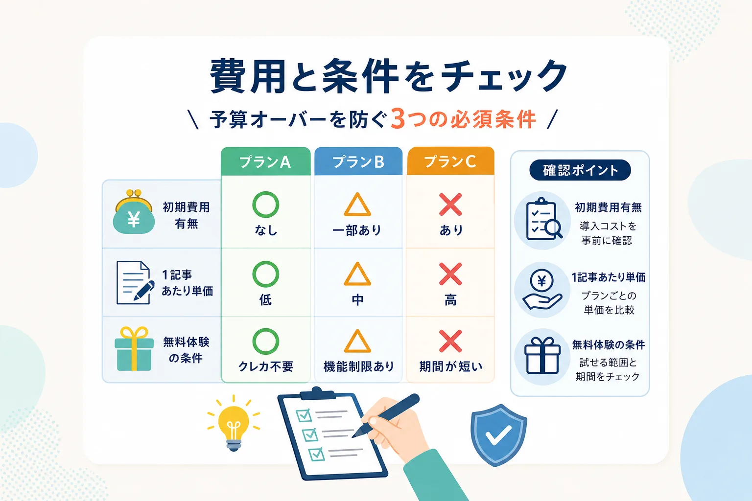 ツールの初期費用や記事生成数ごとのコスト内訳を比較したインフォグラフィック風のチャート図
