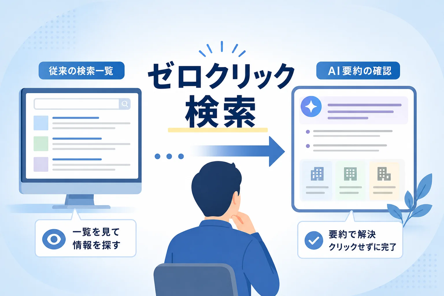 検索結果を次々確認する姿からAIの回答要約を直接確認する形へと変化したユーザー行動のイラスト