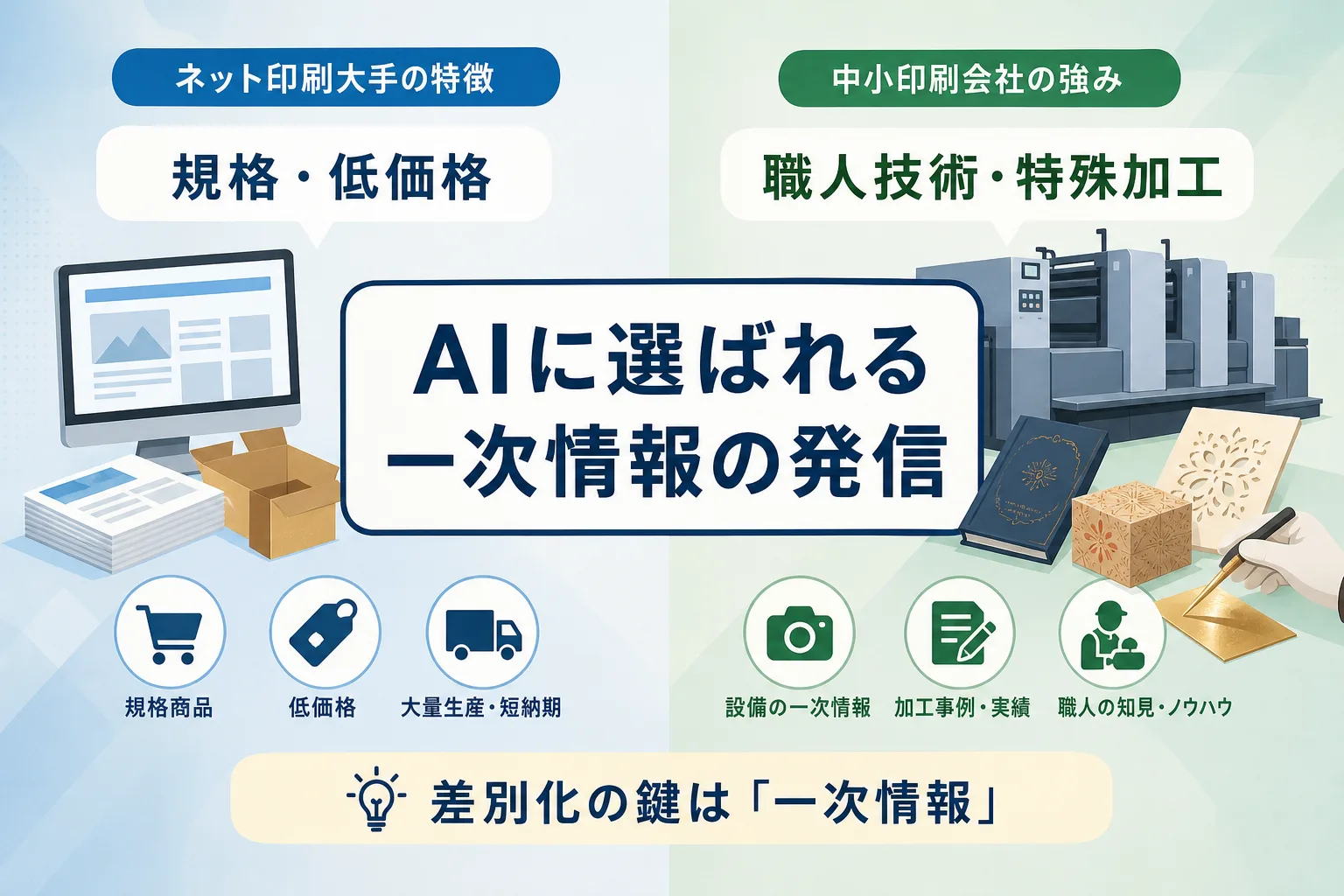 規格品の大量生産を行うネット印刷と、特殊加工や独自設備を強みとする印刷会社の比較図