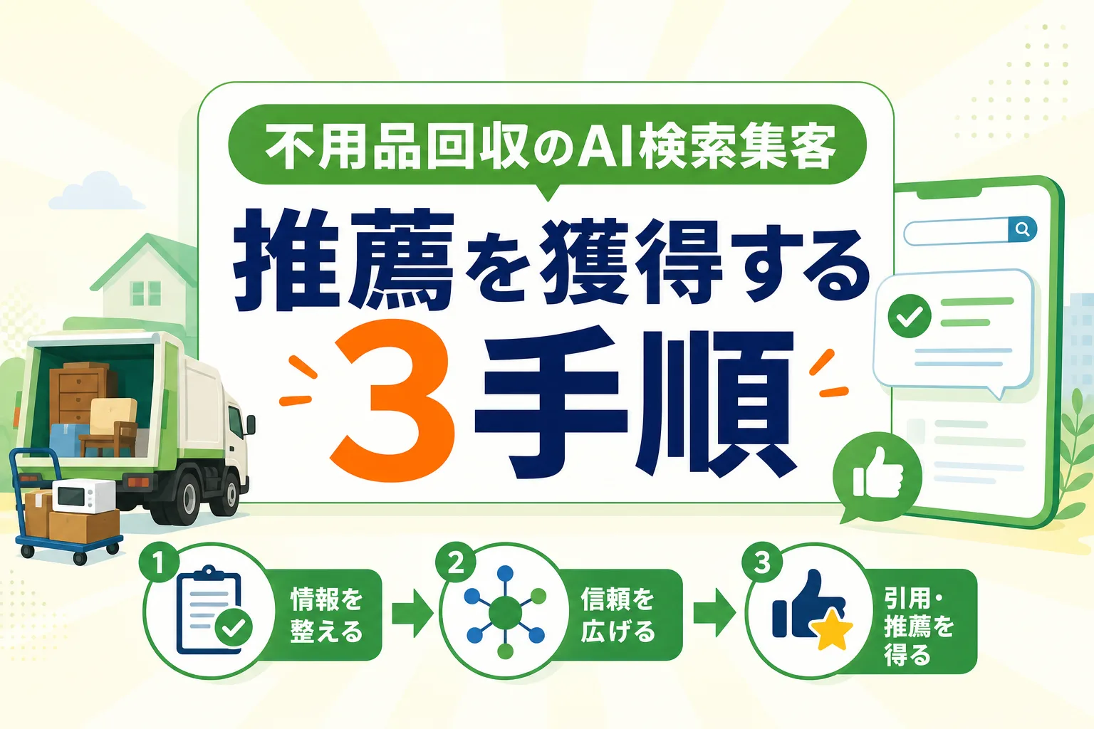 【不用品回収のAI検索集客】広告に頼らず引用・推薦を獲得する3つの手順