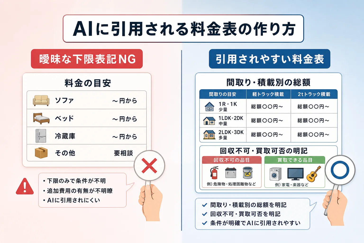 AIに引用されにくい曖昧な料金表示と引用されやすい明確な料金データベースを比較した図解イラスト