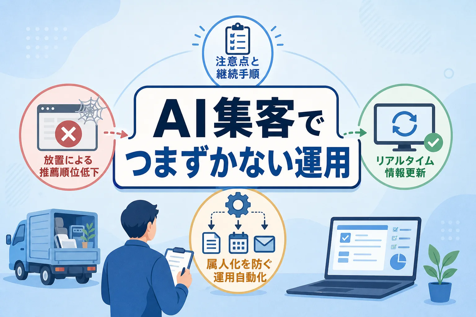 定期的な情報更新を行うことでAI検索の評価を維持する継続運用の仕組みを描いたイラスト